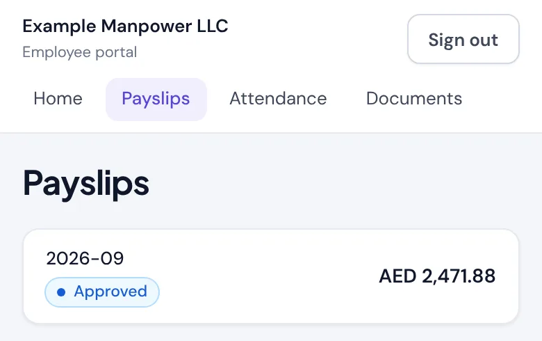 The Payslips tab on a phone listing 2026-09, Approved, AED 2,471.88.